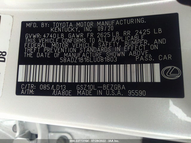 2020 Lexus ES, VIN: 58ADZ1B16LU081803