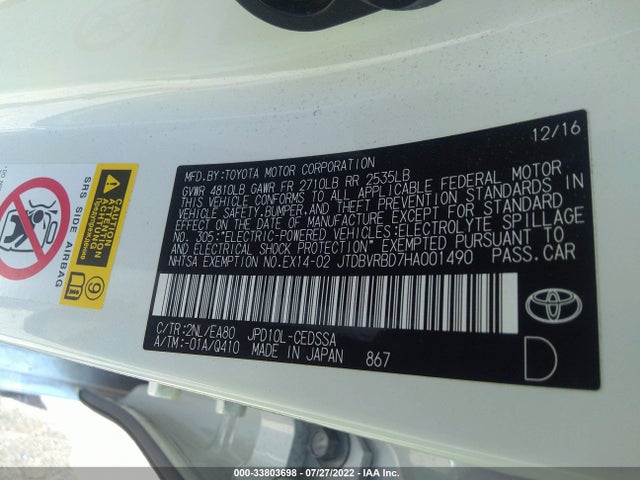 2017 Toyota Mirai, VIN: JTDBVRBD7HA001490