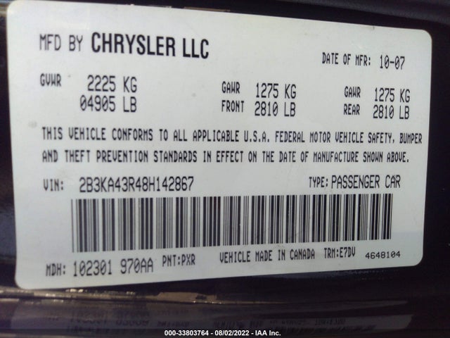 2008 DODGE CHARGER VIN: 2B3KA43R48H142867