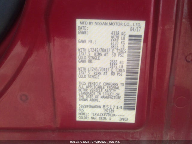 2017 Nissan NV, VIN: 5BZBF0AA0HN851714