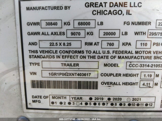 2022 GREAT DANE TRAILERS GREAT DANE TRAILERS VIN: 1GR1P062XNT403617