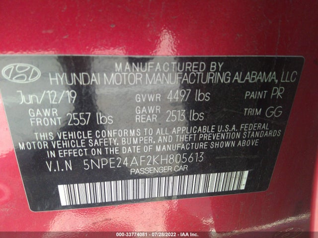 2019 HYUNDAI SONATA SE VIN: 5NPE24AF2KH805613