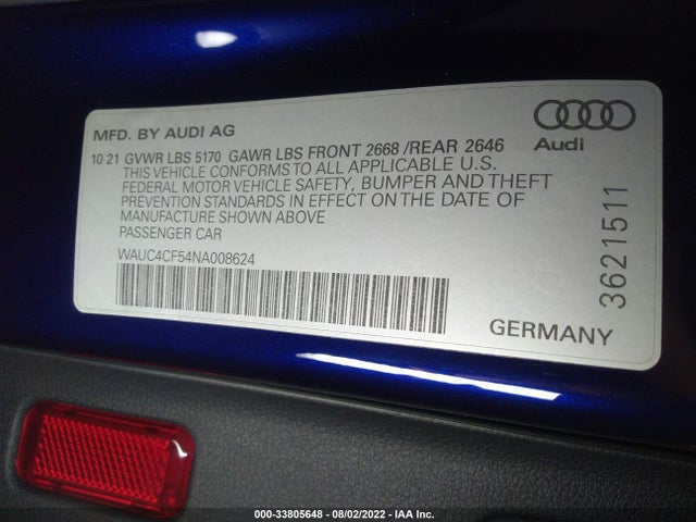 2022 Audi S5, VIN: WAUC4CF54NA008624