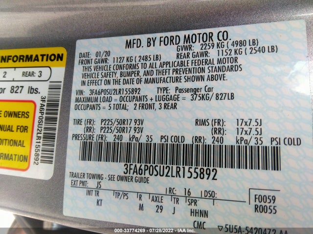 2020 Ford Fusion, VIN: 3FA6P0SU2LR155892