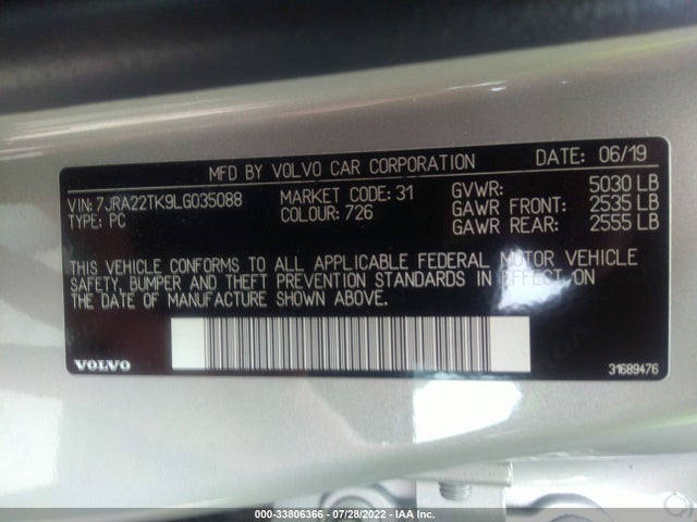 2020 Volvo S60, VIN: 7JRA22TK9LG035088