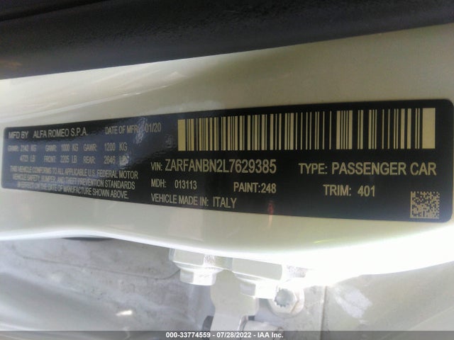2020 Alfa Romeo Giulia, VIN: ZARFANBN2L7629385