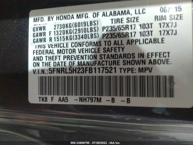 Honda ODYSSEY LX 2015 5FNRL5H23FB117521 Image 9