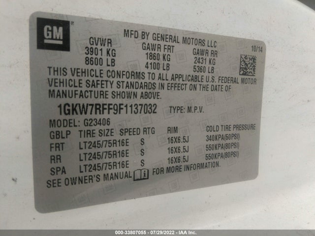 2015 GMC Savana, VIN: 1GKW7RFF9F1137032