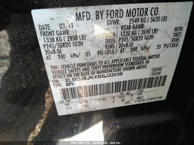 Lincoln MKX 2011 2LMDJ8JKXBBJ22038 Image 9