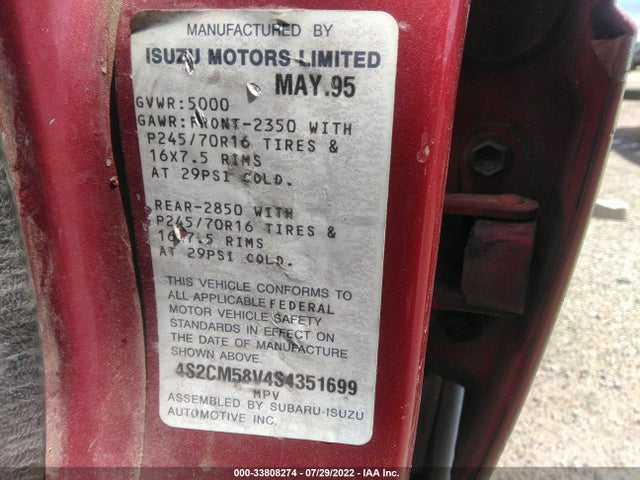 1995 ISUZU RODEO S/LS VIN: 4S2CM58V4S4351699