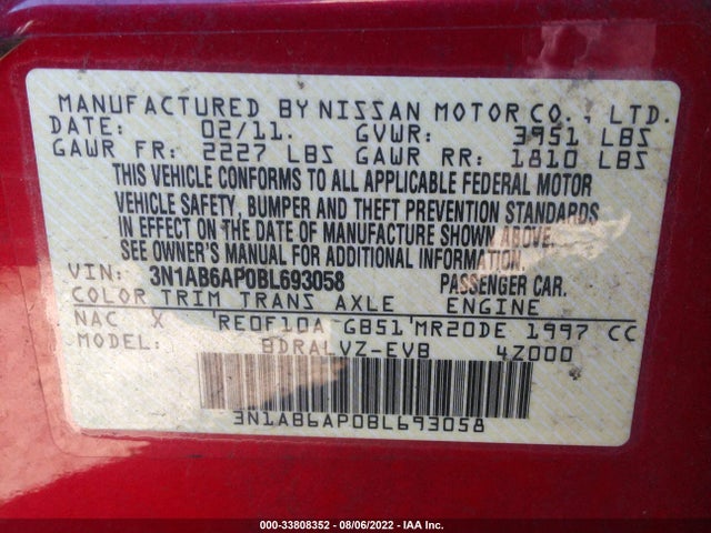 2011 NISSAN SENTRA 2.0 SL VIN: 3N1AB6AP0BL693058