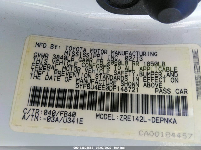 2013 TOYOTA COROLLA L/LE/S VIN: 5YFBU4EE0DP148721