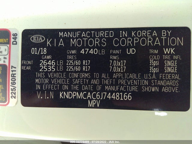 2018 KIA SPORTAGE LX VIN: KNDPMCAC6J7448166
