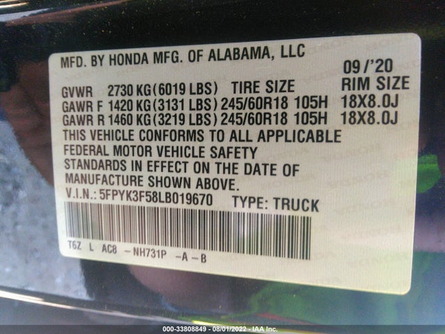Honda Ridgeline Awd Rtl 2020 5FPYK3F58LB019670 Image 9