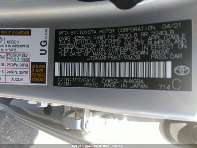 2021 Toyota Prius, VIN: JTDKAMFP5M3193638