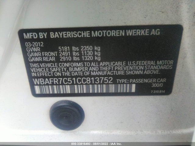 2012 BMW 5 SERIES 535I VIN: WBAFR7C51CC813752