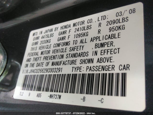 33775737 :رقم المزاد ، JH4CU26629C003291 vin ، 2009 Acura Tsx مزاد بيع