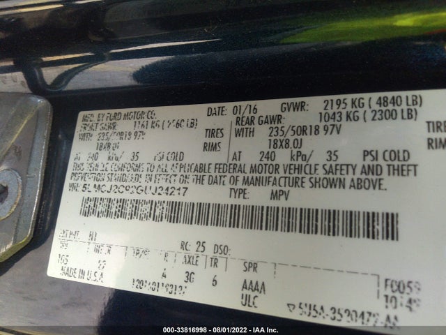 2016 Lincoln MKC, VIN: 5LMCJ2C92GUJ24217