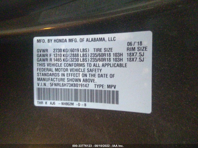 Honda Odyssey Ex-l 2019 5FNRL6H73KB019147 Image 9