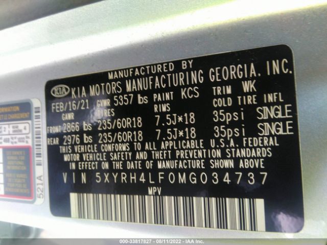 5XYRH4LF0MG034737 KIA SORENTO EX