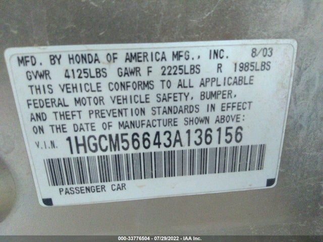 2003 HONDA ACCORD SDN EX VIN: 1HGCM56643A136156