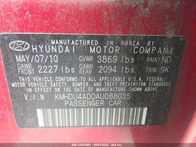 2010 HYUNDAI ELANTRA GLS VIN: KMHDU4AD0AU088035