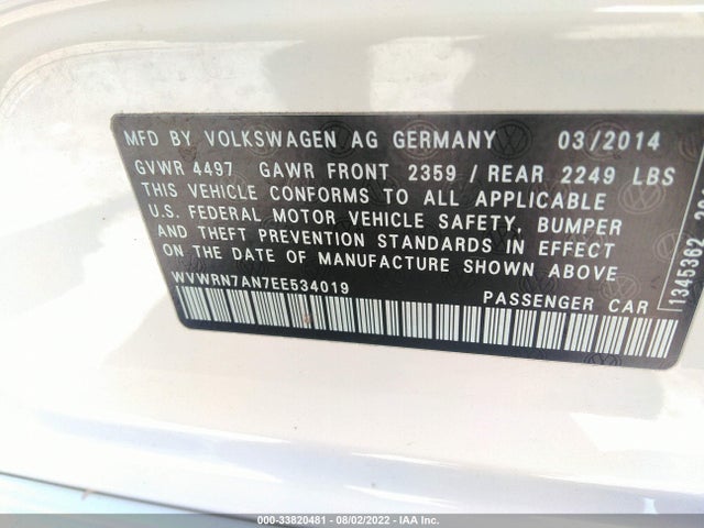 2014 Volkswagen CC, VIN: WVWRN7AN7EE534019