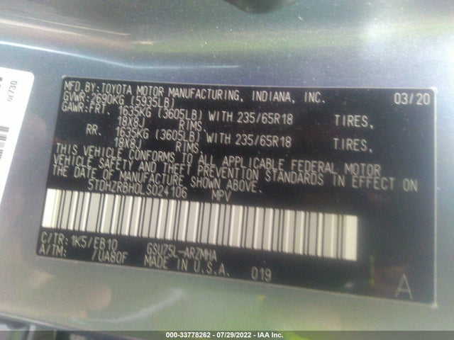 2020 Toyota Highlander, VIN: 5TDHZRBH0LS024106