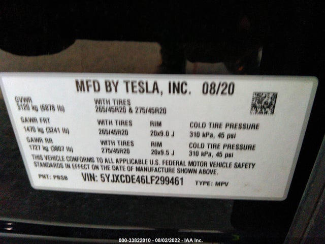 2020 Tesla Model X, VIN: 5YJXCDE46LF299461