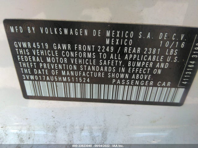 2017 Volkswagen Golf, VIN: 3VW017AU5HM511524