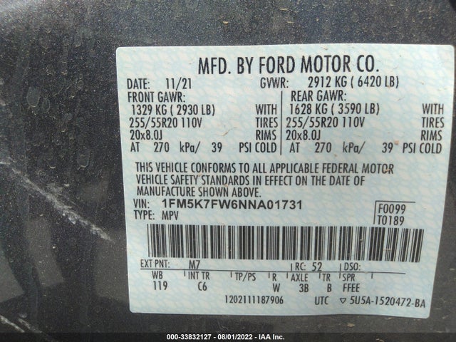 2022 Ford Explorer, VIN: 1FM5K7FW6NNA01731