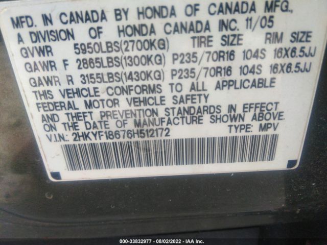2006 HONDA PILOT 2HKYF18676H512172 Photo 8