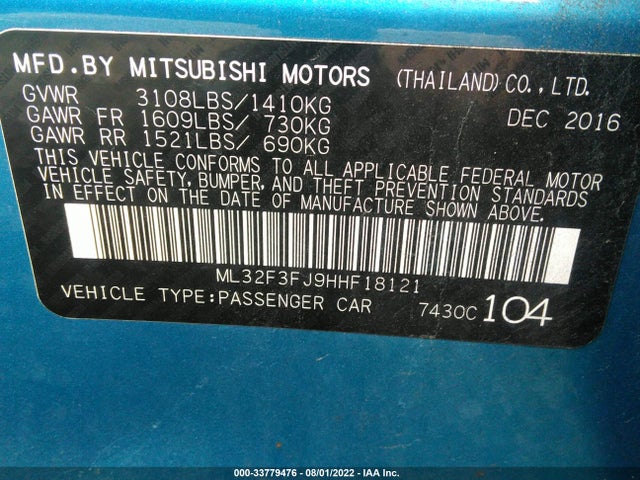 2017 MITSUBISHI MIRAGE G4 ES VIN: ML32F3FJ9HHF18121