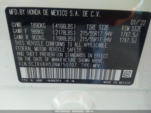 3CZRU6H52NM750707 Honda Hr-v Awd Ex