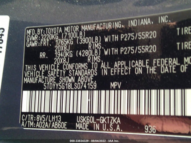 2020 Toyota Sequoia, VIN: 5TDYY5G18LS074159