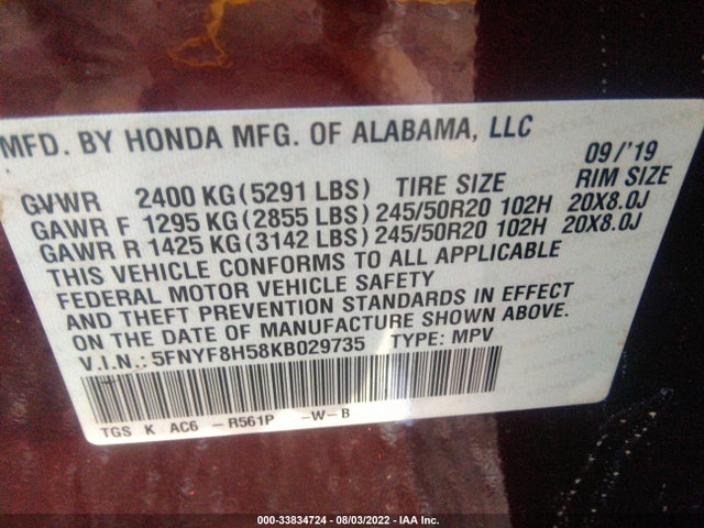 2019 Honda Passport, VIN: 5FNYF8H58KB029735