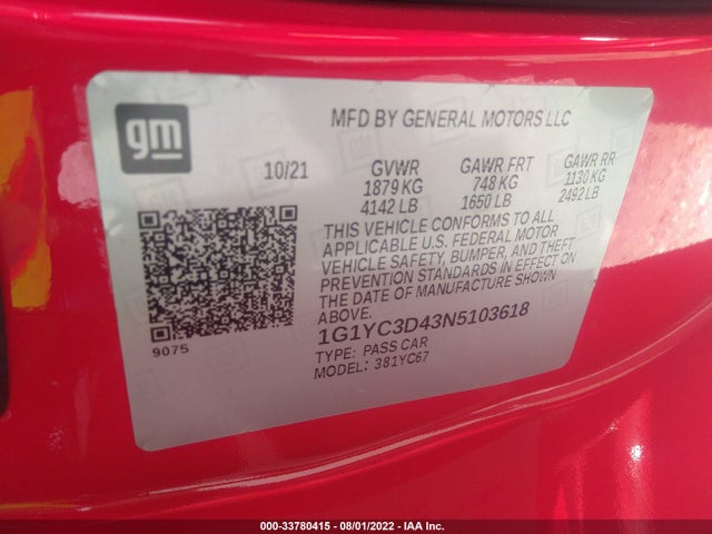 2022 Chevrolet Corvette, VIN: 1G1YC3D43N5103618