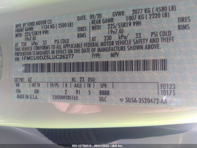 2020 Ford Escape, VIN: 1FMCU0DZ5LUC26277