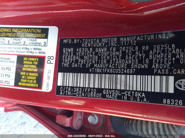 2012 TOYOTA CAMRY XLE VIN: 4T1BK1FK6CU524697