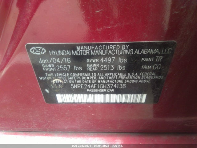 2016 HYUNDAI SONATA 2.4L SE VIN: 5NPE24AF1GH374138