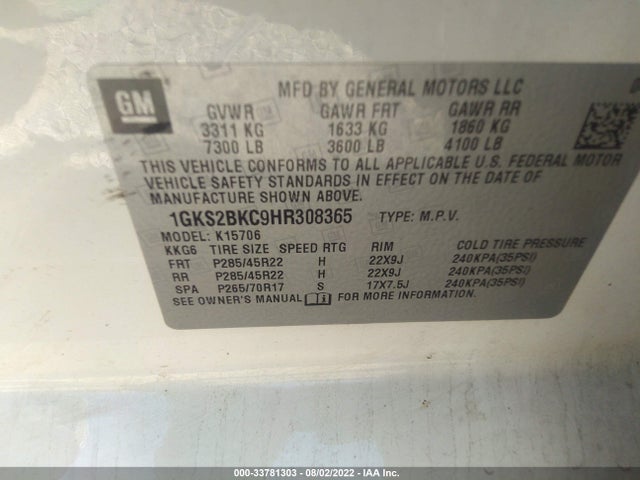 GMC YUKON SLT 2017 1GKS2BKC9HR308365 Image 9