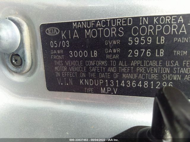KNDUP131436481296 KIA Sedona Lx/ex