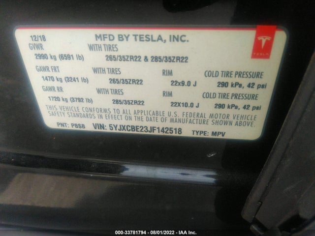 2018 Tesla Model X, VIN: 5YJXCBE23JF142518