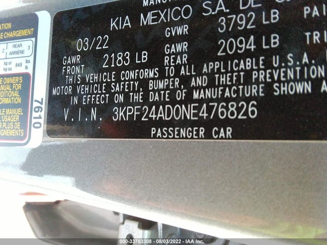 2022 Kia Forte, VIN: 3KPF24AD0NE476826