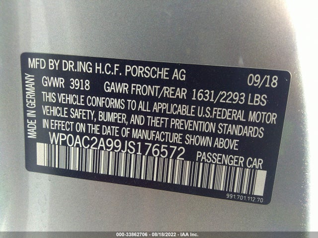 2018 Porsche 911, VIN: WP0AC2A99JS176572