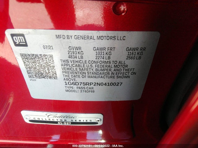 2022 Cadillac CT4, VIN: 1G6D75RP2N0410027