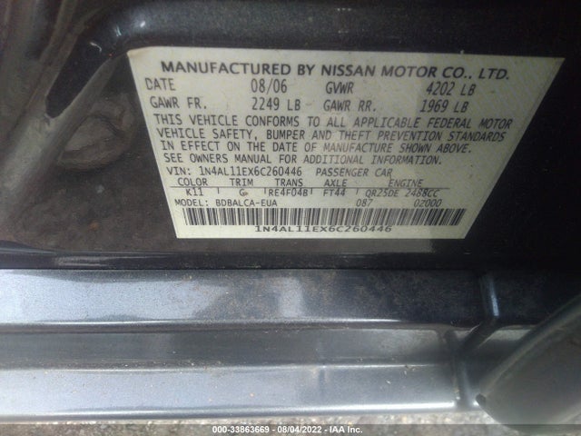 2006 NISSAN ALTIMA 2.5 S VIN: 1N4AL11EX6C260446