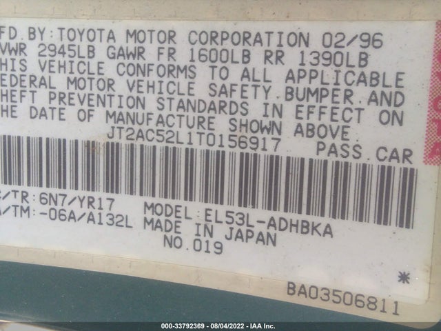1996 TOYOTA TERCEL STD/DX VIN: JT2AC52L1T0156917
