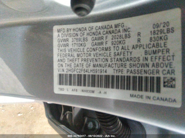 2020 HONDA CIVIC SEDAN LX VIN: 2HGFC2F64LH591914
