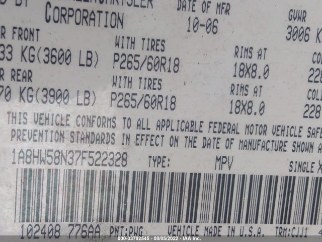 Chrysler Aspen 2007 1A8HW58N37F522328 Image 9